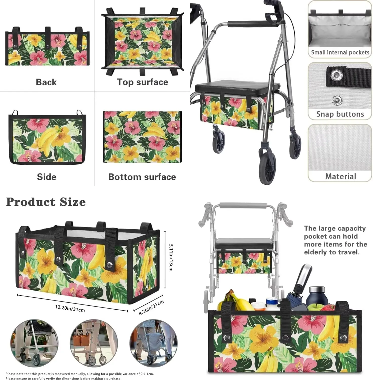 Tropical Flower 3Pcs Walker Basket Under Seat Bag for Walker Rollator Rollbar Seat and Backrest Covers for Senior Universal Basket Rollator Seat Cover Set Comfort