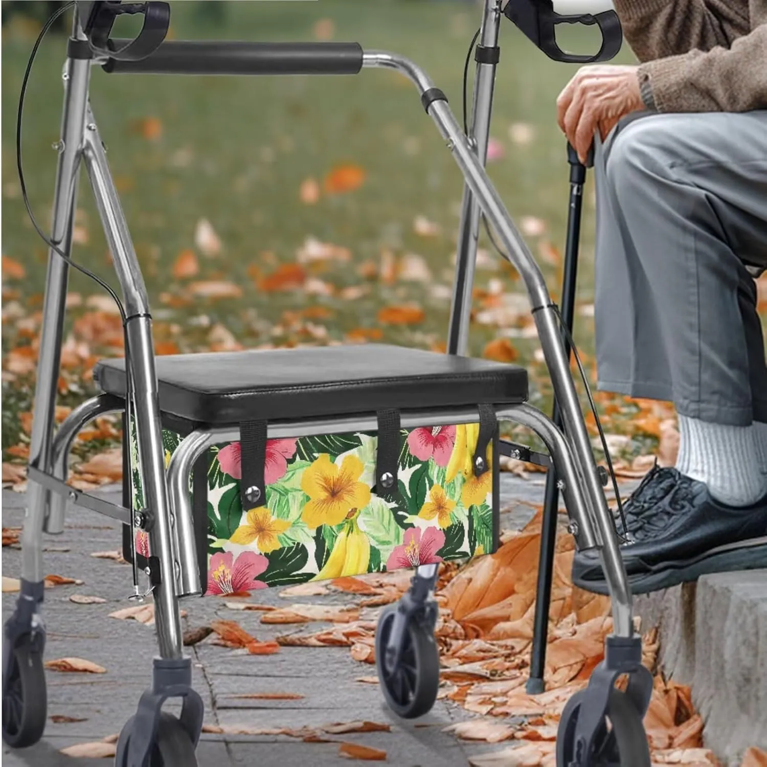 Tropical Flower 3Pcs Walker Basket Under Seat Bag for Walker Rollator Rollbar Seat and Backrest Covers for Senior Universal Basket Rollator Seat Cover Set Comfort