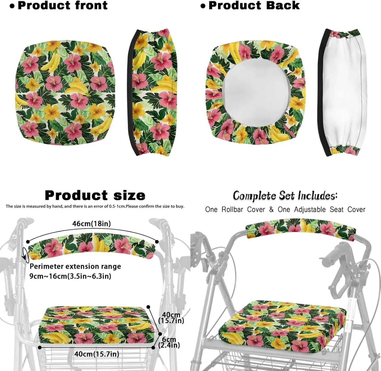 Tropical Flower 3Pcs Walker Basket Under Seat Bag for Walker Rollator Rollbar Seat and Backrest Covers for Senior Universal Basket Rollator Seat Cover Set Comfort