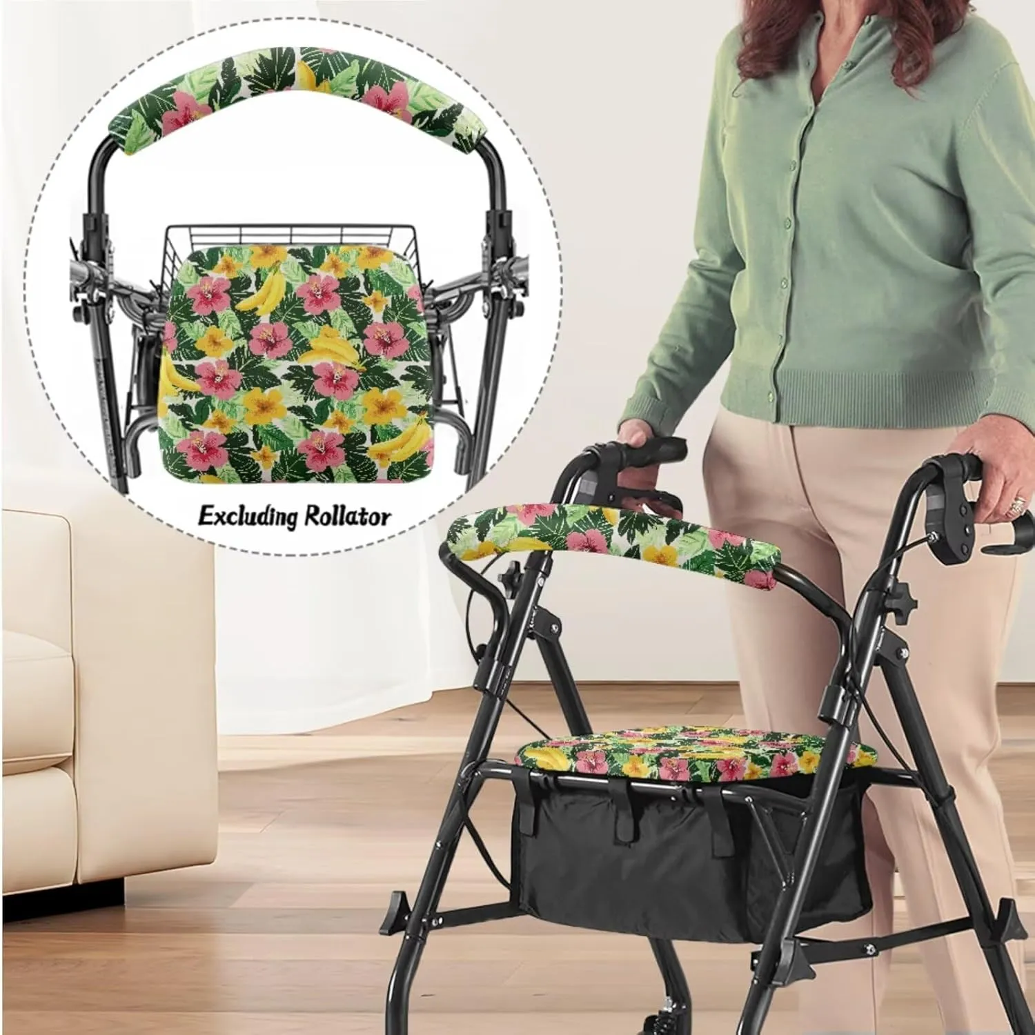 Tropical Flower 3Pcs Walker Basket Under Seat Bag for Walker Rollator Rollbar Seat and Backrest Covers for Senior Universal Basket Rollator Seat Cover Set Comfort