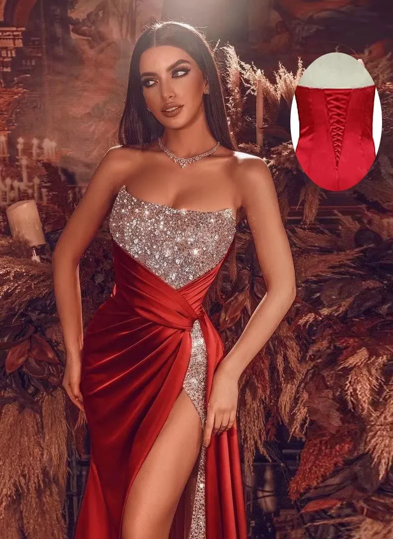 Tsbridal Glitter Sequin Prom Dresses Satin Mermaid Slit Formal Evening Dress Sparkly Long Wedding Guest Gown with Train