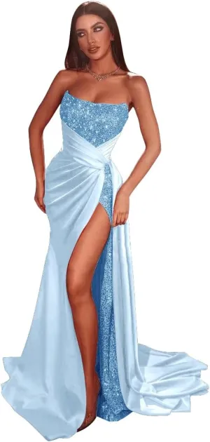 Tsbridal Glitter Sequin Prom Dresses Satin Mermaid Slit Formal Evening Dress Sparkly Long Wedding Guest Gown with Train
