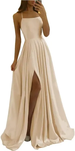 Tvuyet Satin Prom Dresses Long with Pockets Spaghetti Straps A Line Bridesmaid Dresses with Side Slit Ball Gown