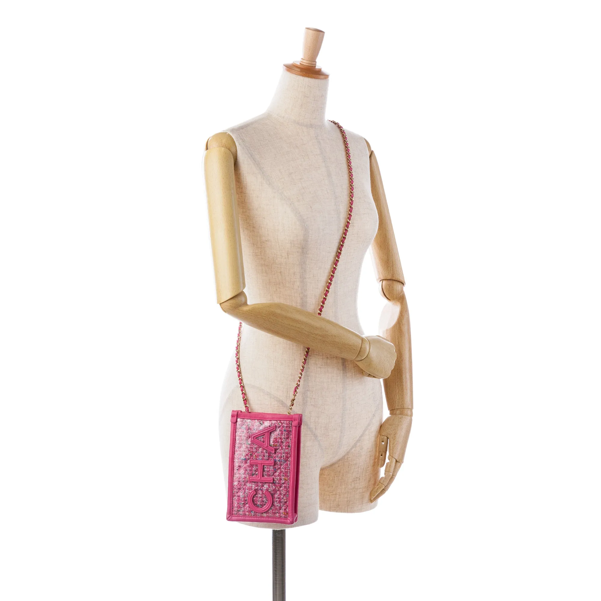 Tweed and PVC Phone Clutch with Chain