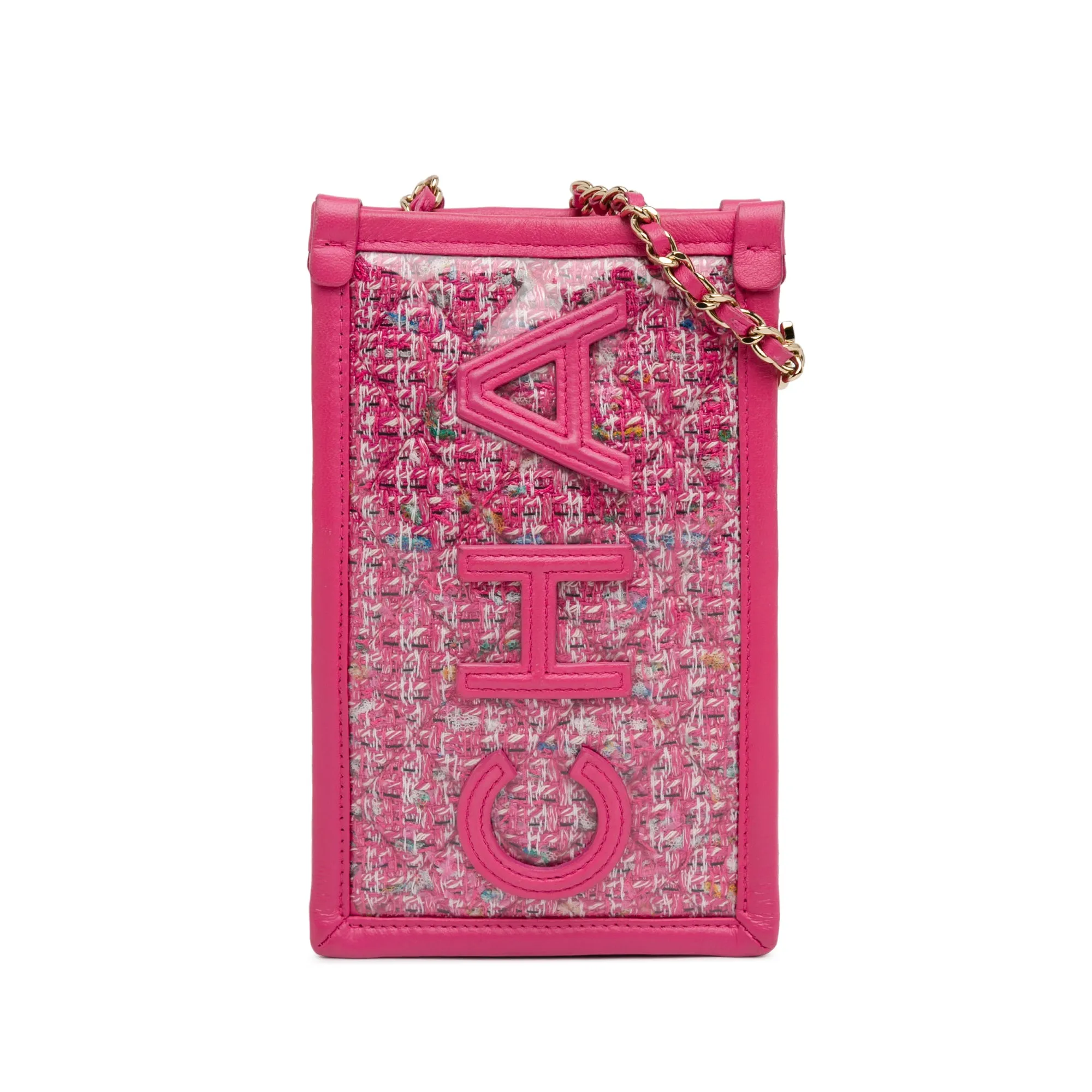 Tweed and PVC Phone Clutch with Chain