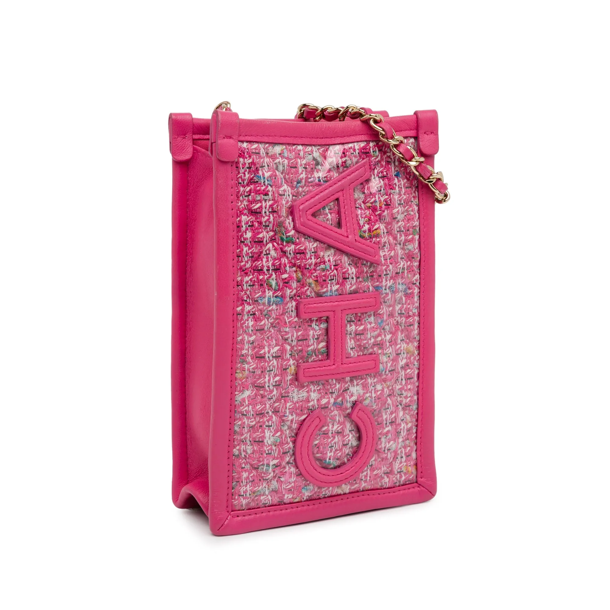Tweed and PVC Phone Clutch with Chain
