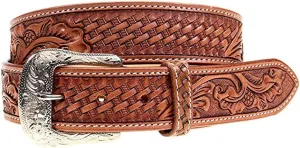 Twisted X Genuine Leather Natural Brown Basket Weave Belt with Floral Tooling (32 - Fits 30" Waist)