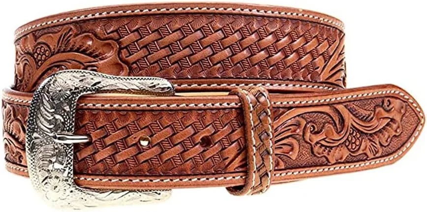 Twisted X Genuine Leather Natural Brown Basket Weave Belt with Floral Tooling (32 - Fits 30" Waist)