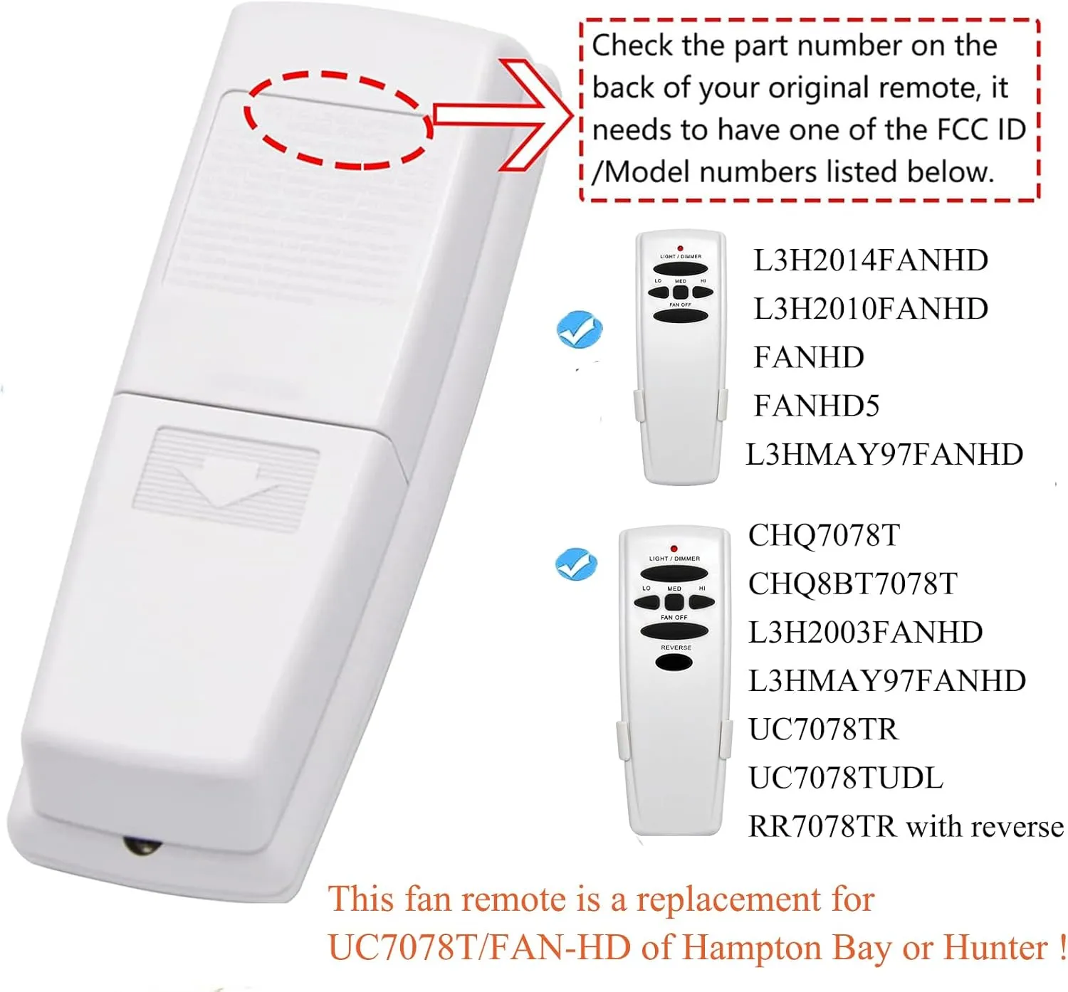 UC7078T Ceiling Fan Remote Control Replacement of Hampton Bay UC7078T Fan-HD CHQ7078T UC7078TR UC7078TUDL RR7078TR L3H2003FANHD, with Reverse, (2.16 * 1.18 * 5.6, White)