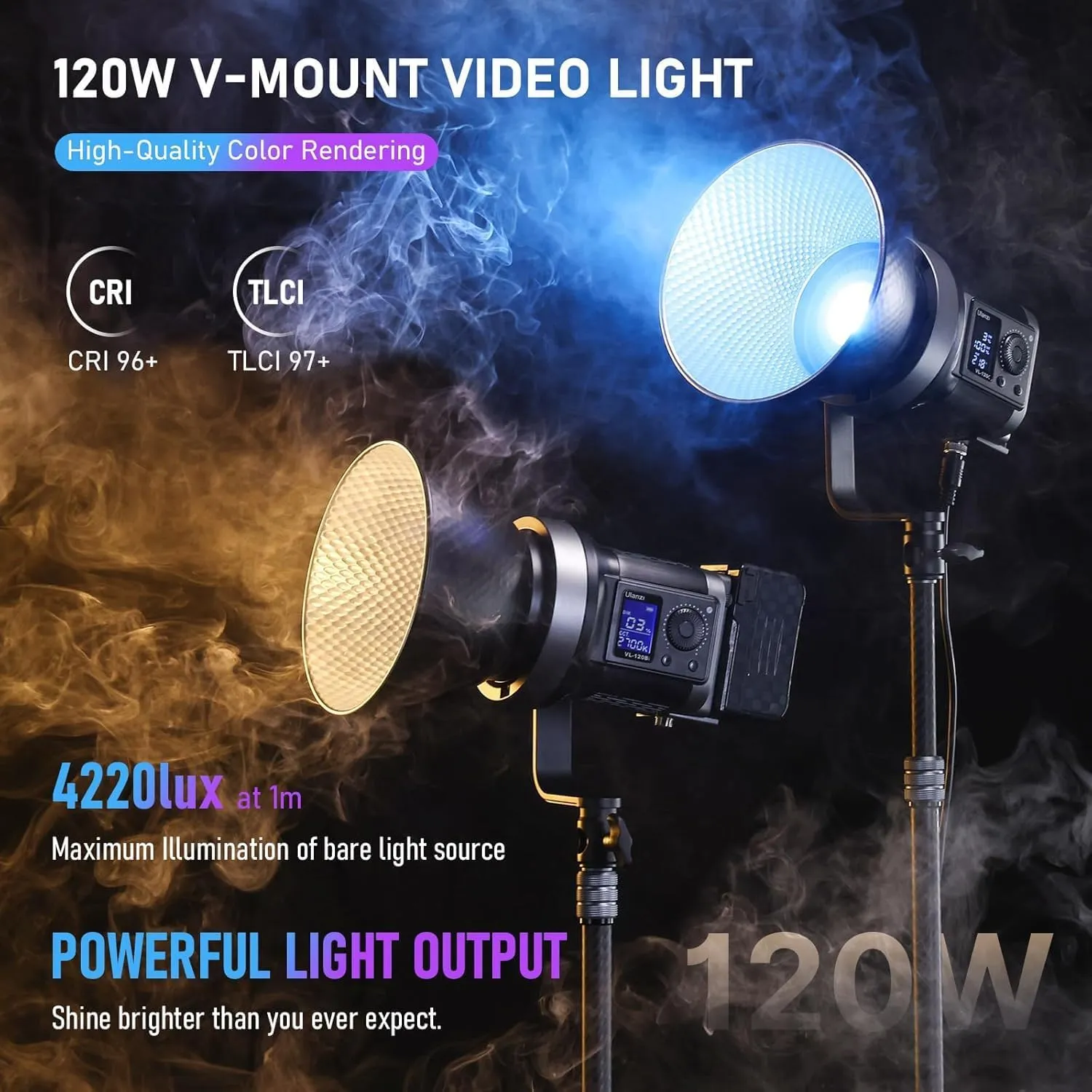 ULANZI 120W V-Mount COB LED Video Light, Bi Color 2700K-6500K COB Bowens Mount Photography Fill Light Continuous Output Lighting 20700lux/1m 20 Preset Effects with APP Control Studio Light