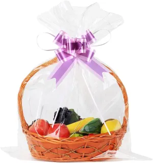 UltraOutlet 50 Packs Large Cellophane Bags 18" X 24" Clear Cellophane Gift Basket Wraps 2.3 Mil Thick Clear Cello Bags for Basket, 50ct Ribbon Bows Ribbons and Bows, not of Paper, for Gift Wrapping