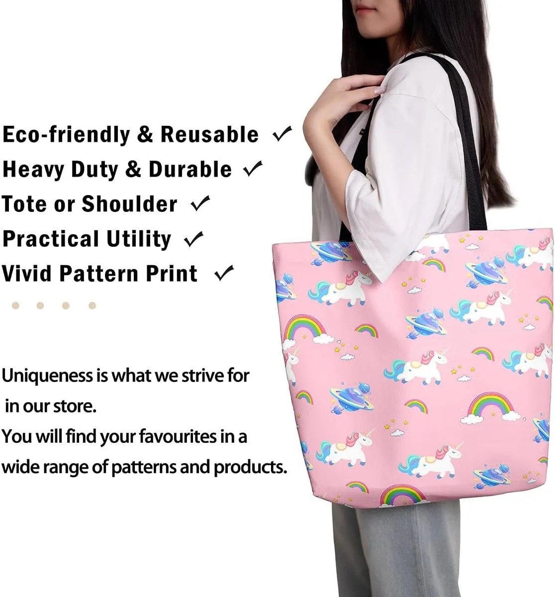 Unicorn Canvas Tote Bag Unicorns Foldable Handbag Cute Rainbow Cartoon Horse Canvas Bag Kawaii Shoulder Bag