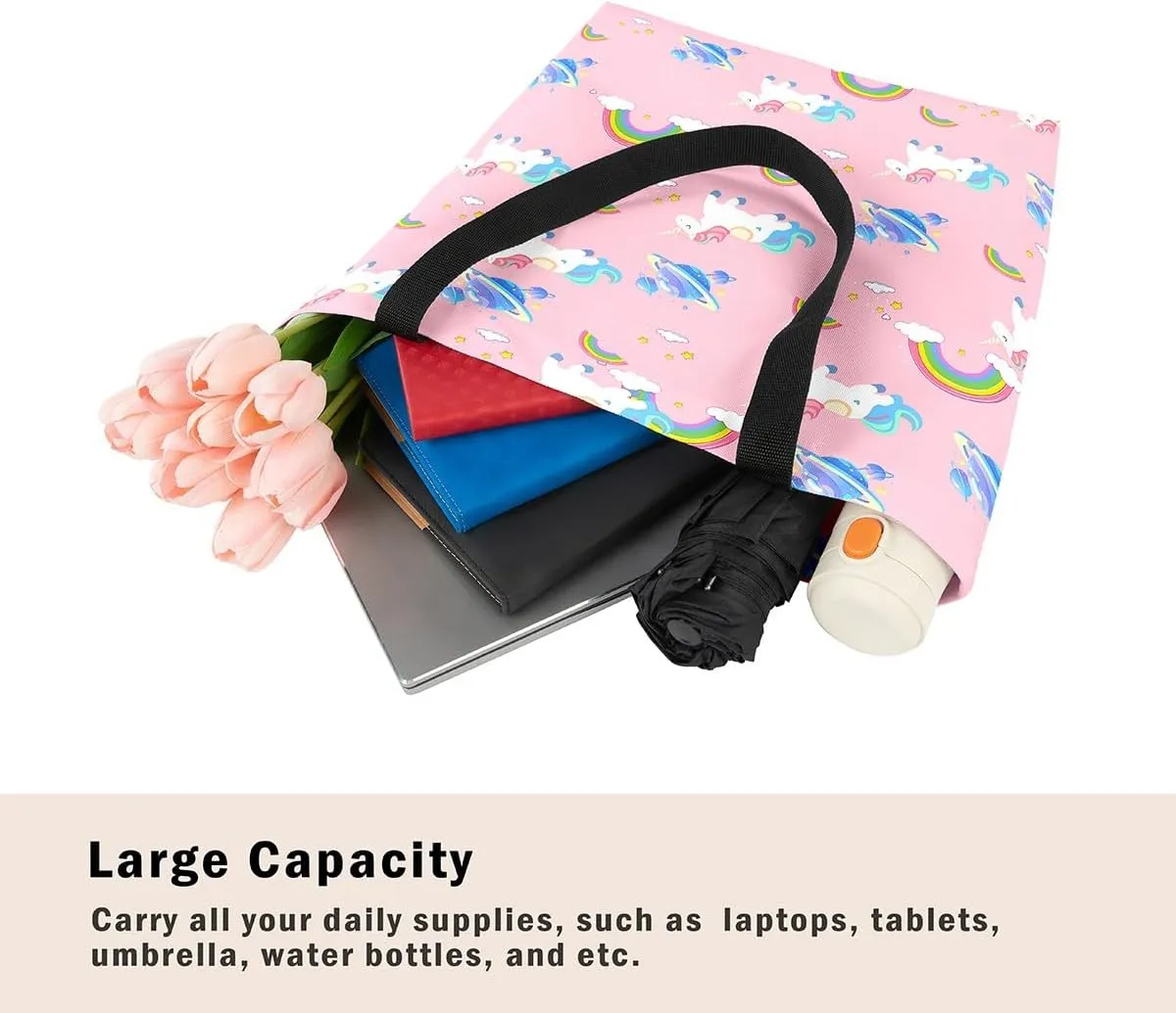 Unicorn Canvas Tote Bag Unicorns Foldable Handbag Cute Rainbow Cartoon Horse Canvas Bag Kawaii Shoulder Bag