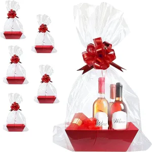 Upper Midland Products [5PK Large Red Baskets For Gifts Empty To Fill| Bulk Gift Basket Kit- 10x12' Big Basket | 5 Cellophane Bags | 5 Pack Red Pull Bows