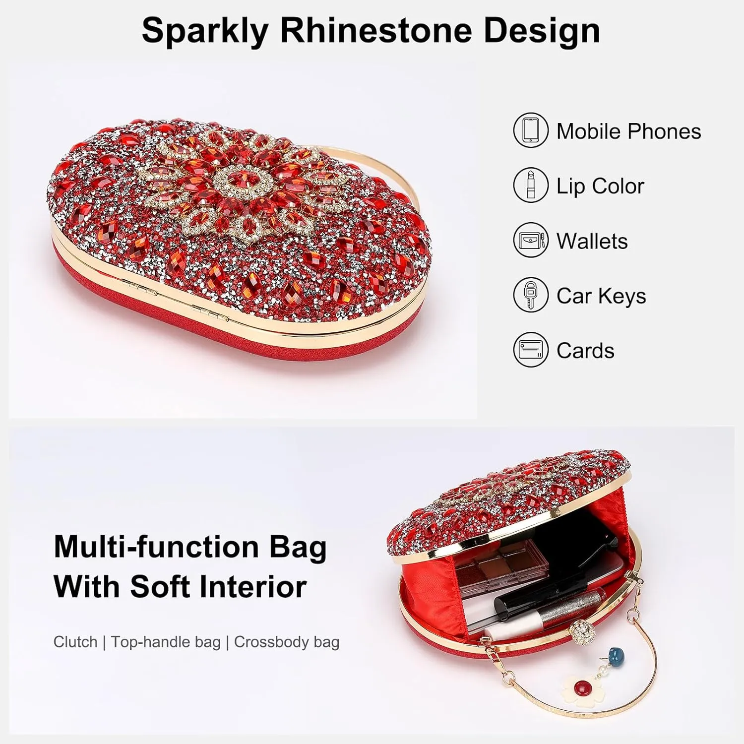 uxcell Evening Bags for Women, Sparkly Crystal Rhinestone Clutch Purse with Chain Strap Shoulder Bag Handbag