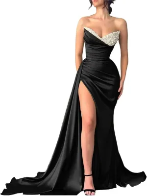 V-Neck Mermaid Prom Dresses 2024 with Slit Sequin Beaded Long Satin Strapless Pleated Formal Evening Party Gowns