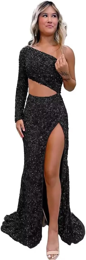 V-Neck Mermaid Prom Dresses 2024 with Slit Sequin Beaded Long Satin Strapless Pleated Formal Evening Party Gowns