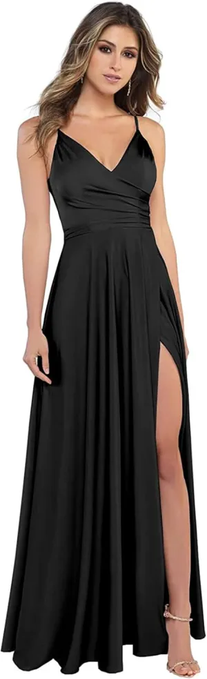 V Neck Satin Bridesmaid Dresses Long for Women Spaghetti Straps Prom Party Formal Gowns with Pockets