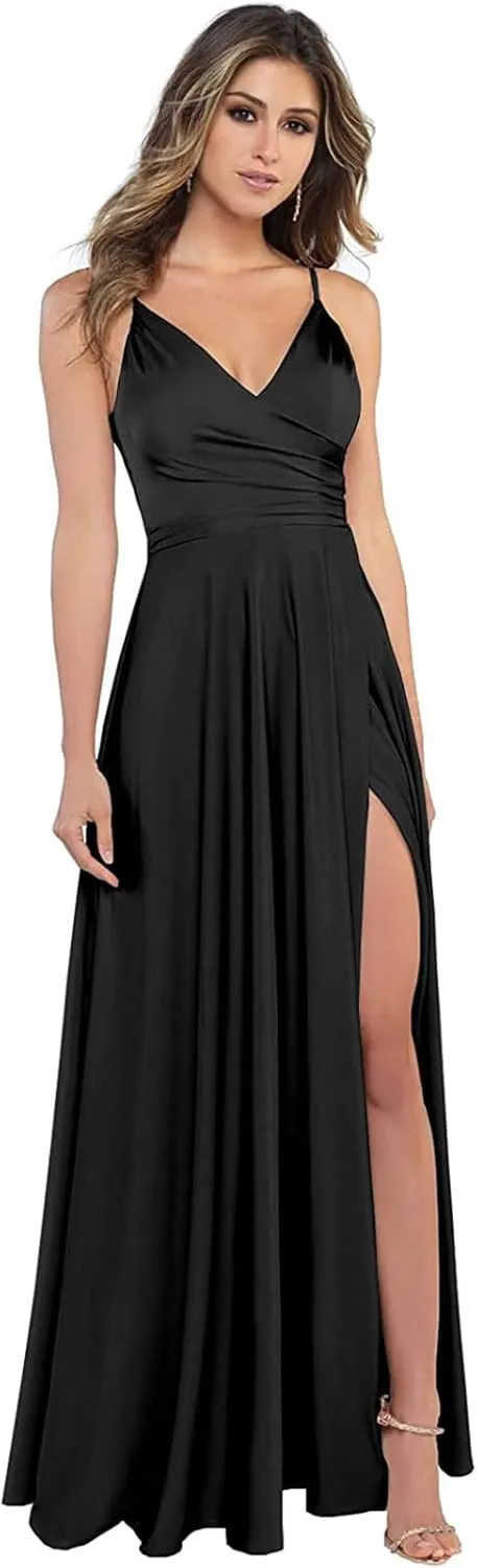 V Neck Satin Bridesmaid Dresses Long for Women Spaghetti Straps Prom Party Formal Gowns with Pockets