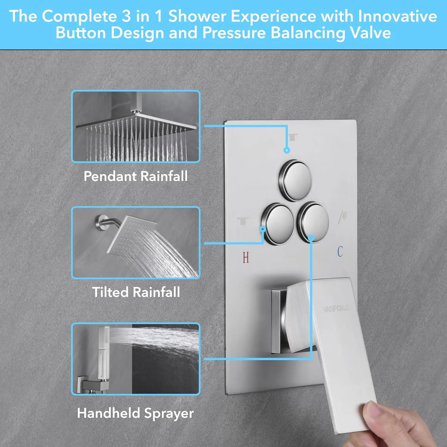 VANFOXLE Shower Faucet Set Brushed Nickel Shower System,Push Button Diverter Shower Faucet with 2 in 1 Handheld,Ceiling Mount 10 Inch Shower Head with 6 Inch Wall Mount Shower Head