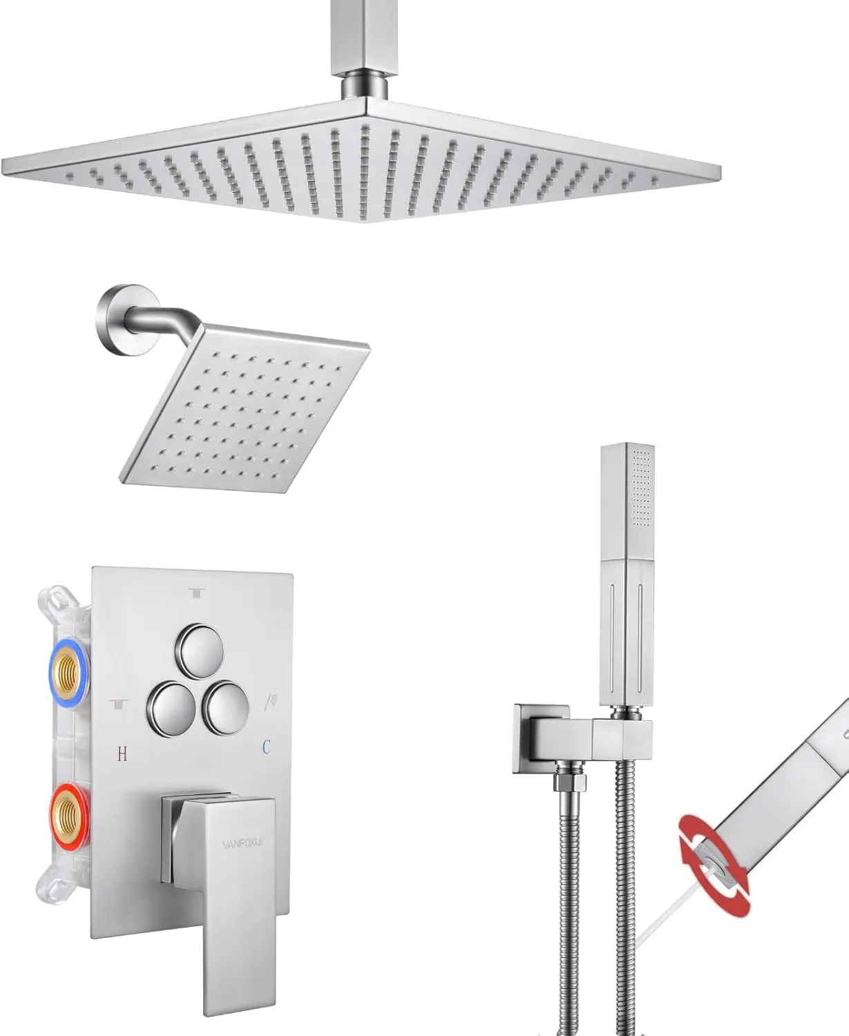 VANFOXLE Shower Faucet Set Brushed Nickel Shower System,Push Button Diverter Shower Faucet with 2 in 1 Handheld,Ceiling Mount 10 Inch Shower Head with 6 Inch Wall Mount Shower Head