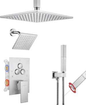 VANFOXLE Shower Faucet Set Brushed Nickel Shower System,Push Button Diverter Shower Faucet with 2 in 1 Handheld,Ceiling Mount 10 Inch Shower Head with 6 Inch Wall Mount Shower Head