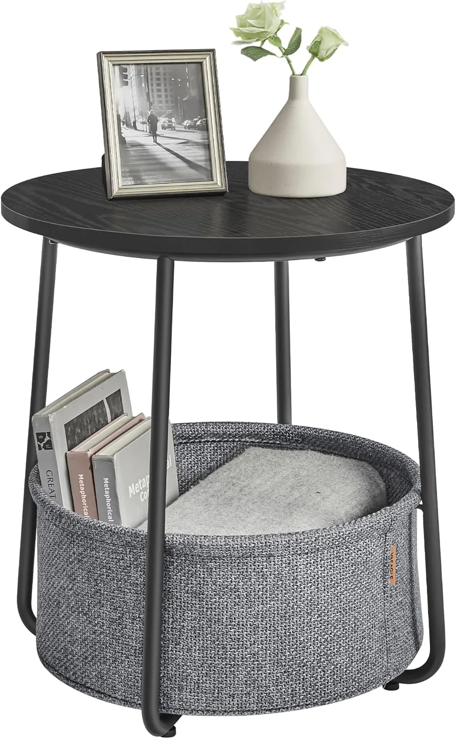 VASAGLE Small Round Side End Table, Modern Nightstand with Fabric Basket, Ebony Black and Slate Gray ULET223B01