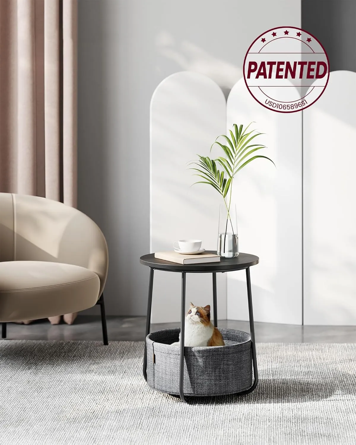 VASAGLE Small Round Side End Table, Modern Nightstand with Fabric Basket, Ebony Black and Slate Gray ULET223B01