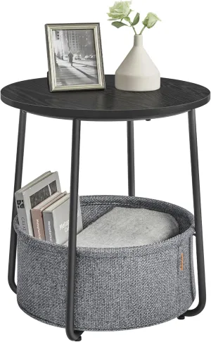 VASAGLE Small Round Side End Table, Modern Nightstand with Fabric Basket, Ebony Black and Slate Gray ULET223B01