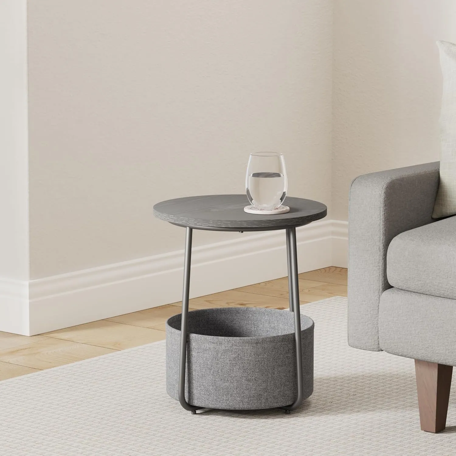 VASAGLE Small Round Side End Table, Modern Nightstand with Fabric Basket, Ebony Black and Slate Gray ULET223B01