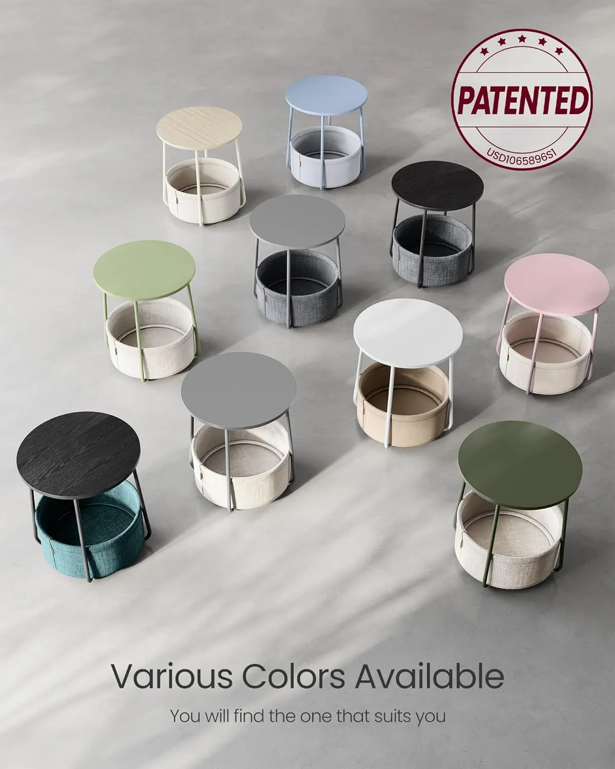 VASAGLE Small Round Side End Table, Modern Nightstand with Fabric Basket, Ebony Black and Slate Gray ULET223B01