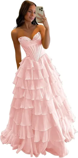 VCCICANY Strapless Corset Prom Dresses for Women Long Tiered Chiffon A Line Formal Evening Party Gowns with Slit