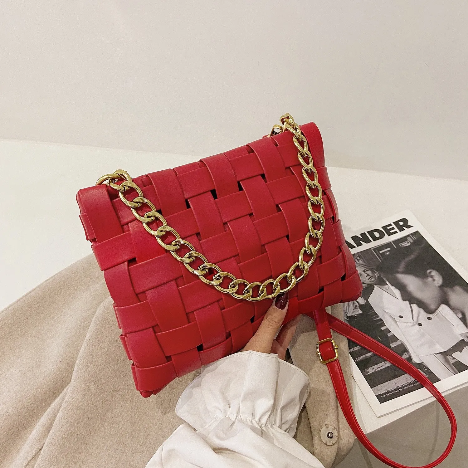 Vegan Leather Large Basket Weave w/Chain Detail Cross Body Purse (Multiple Colors)