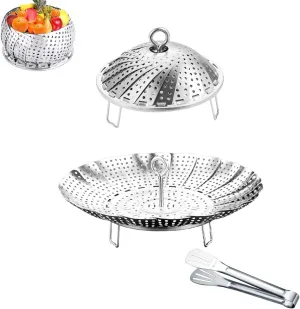 Vegetable Steamer Basket, 304 Stainless Steel Steamer for Cooking, Expendable Food Steamer to Fit Various Size Pot (6.4" to 10.2"   7.3" Kitchen Tong)