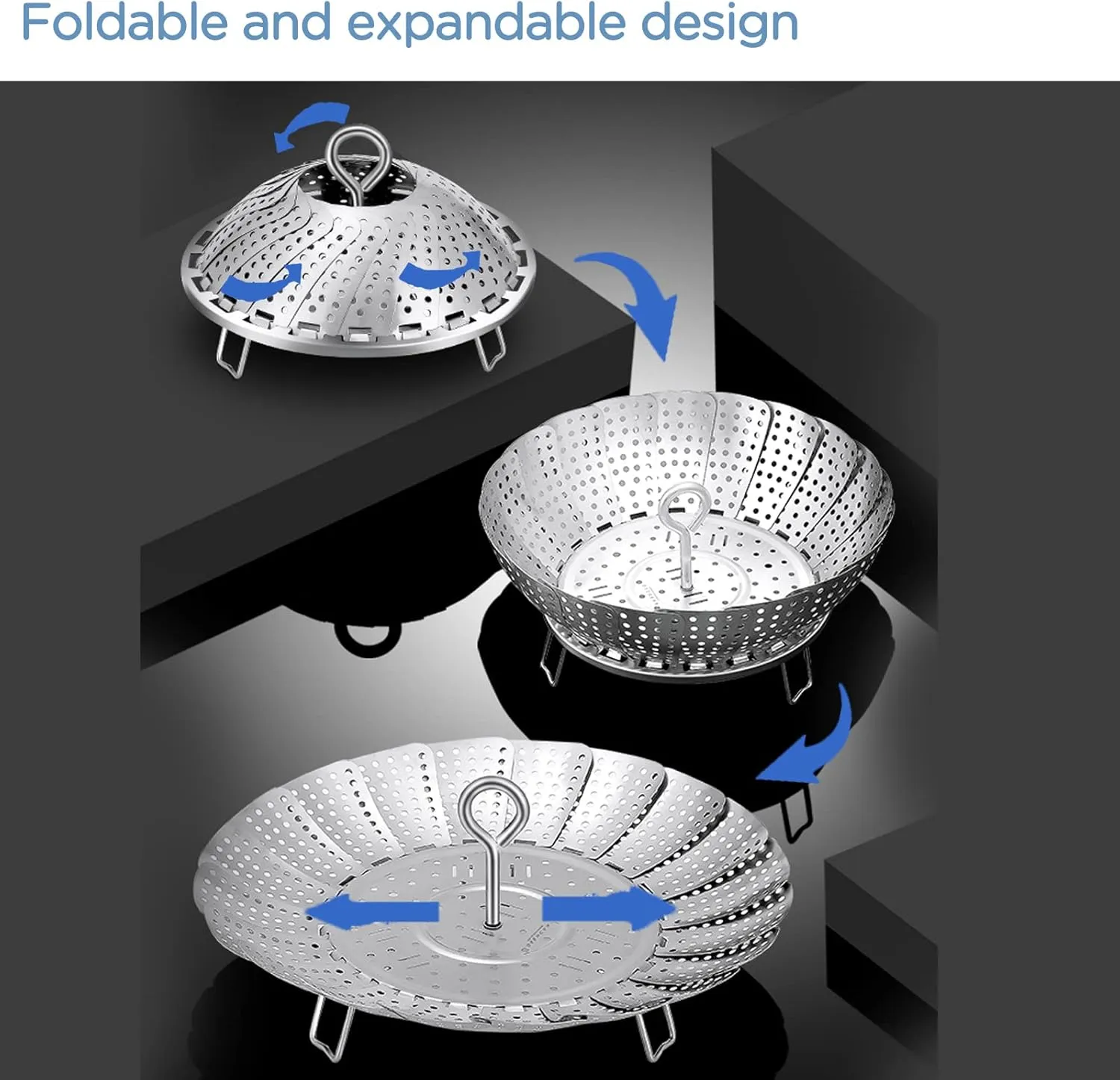 Vegetable Steamer Basket, 304 Stainless Steel Steamer for Cooking, Expendable Food Steamer to Fit Various Size Pot (6.4" to 10.2"   7.3" Kitchen Tong)