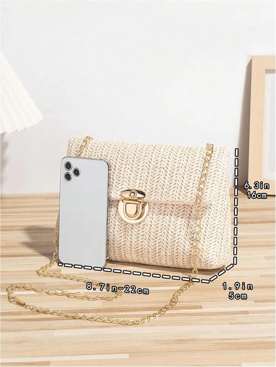 Verdusa Women's Buckle Metal Chain Straw Handbags Boho Woven Flap Crossbody Shoulder Bags