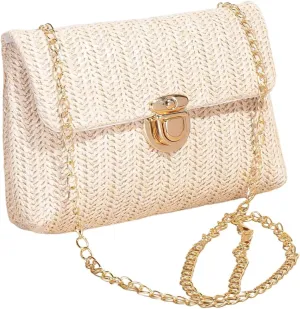 Verdusa Women's Buckle Metal Chain Straw Handbags Boho Woven Flap Crossbody Shoulder Bags