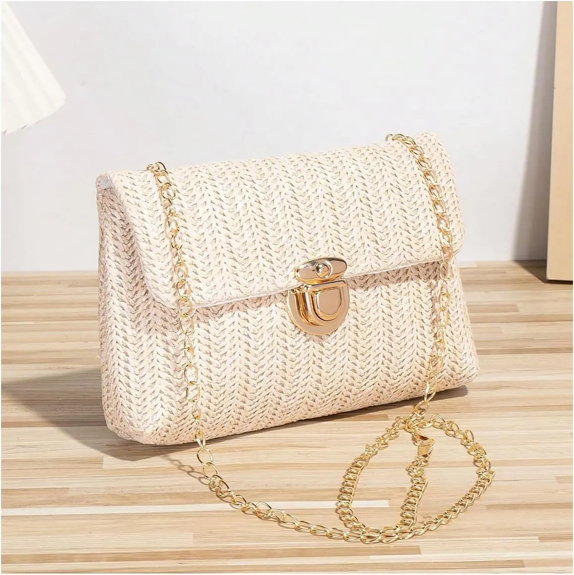 Verdusa Women's Buckle Metal Chain Straw Handbags Boho Woven Flap Crossbody Shoulder Bags