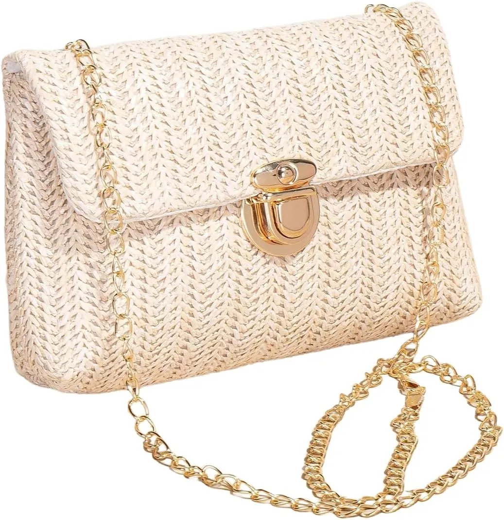 Verdusa Women's Buckle Metal Chain Straw Handbags Boho Woven Flap Crossbody Shoulder Bags