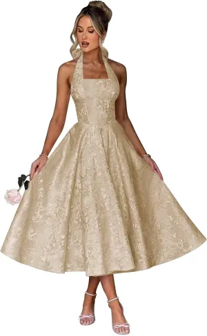 Verngo Satin Floral Jacquard Prom Dress for Women 2025 Halter A Line Formal Evening Gowns with Pockets