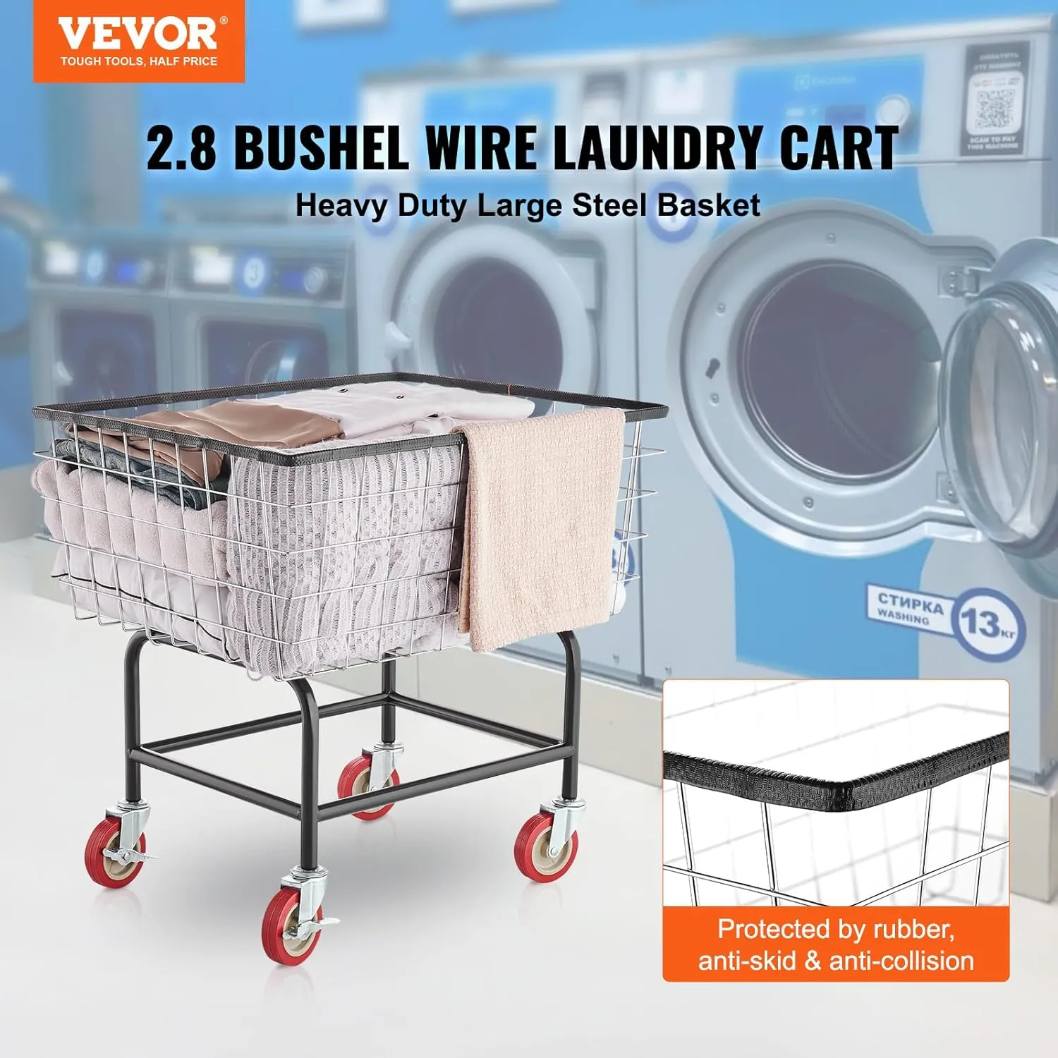 VEVOR Wire Laundry Cart, 2.8Bushel Wire Laundry Basket with Wheels, 26.7''x21.7''x26.4'' Commercial Wire Laundry Basket Cart, Steel Frame with Chrome Finish, 4" Casters