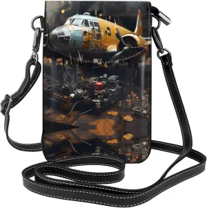 Vintage Aircraft Machinery Prints Leather Crossbody Flap Phone Bag - Versatile Gift for Women Walking, Camping, Shopping, and Travel