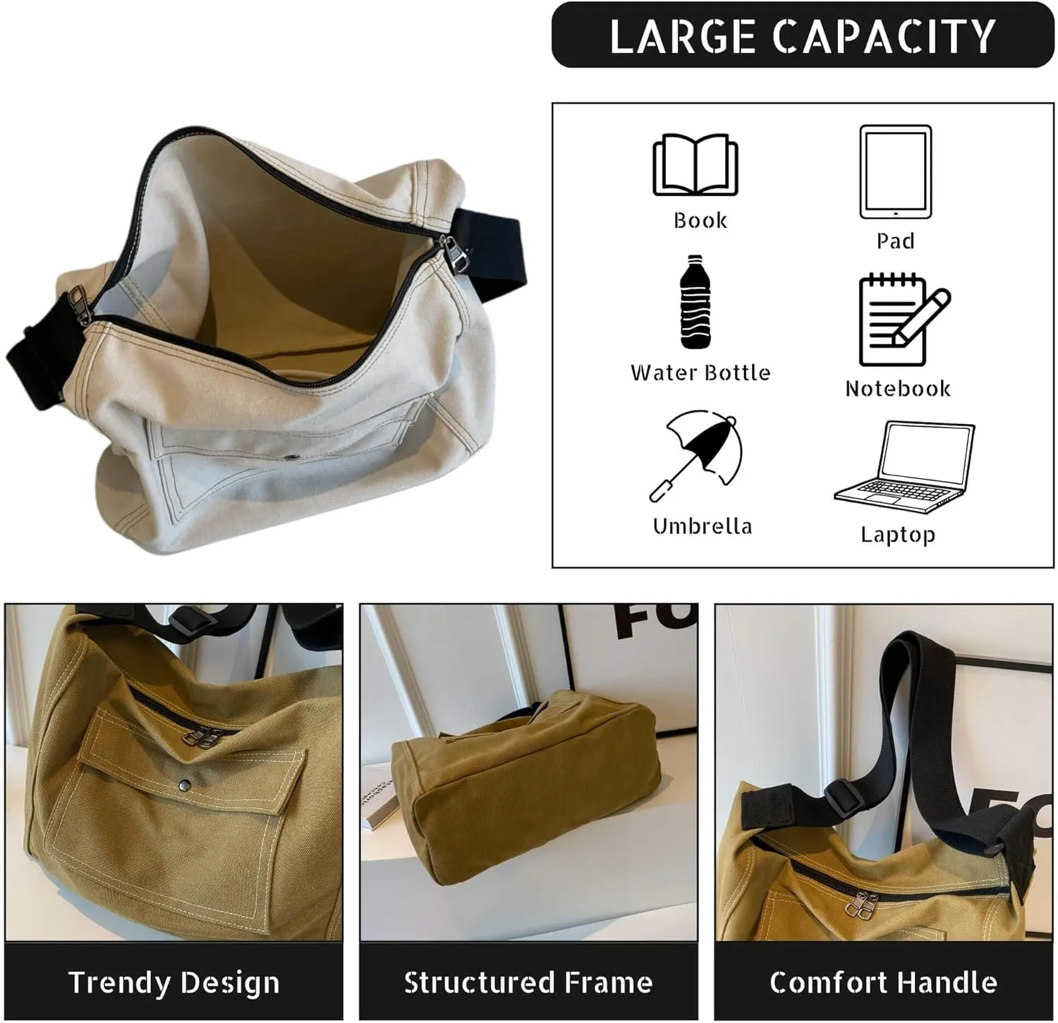 Vintage Canvas Messenger Bag for Women, Hippie Crossbody Hobo Purse with Multiple Pockets