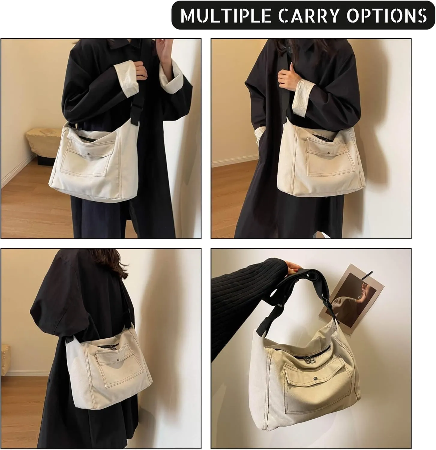 Vintage Canvas Messenger Bag for Women, Hippie Crossbody Hobo Purse with Multiple Pockets