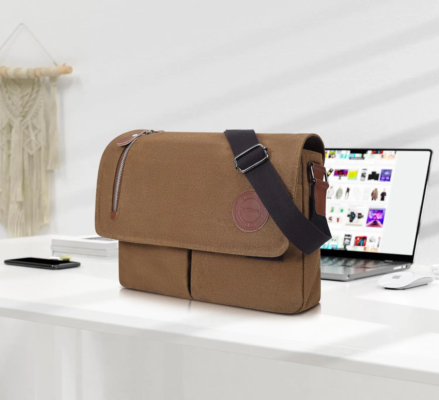 Vintage Canvas Satchel Messenger Bag for Men Women Crossbody Bag Travel Shoulder Bag 13.3" Laptop Bag Bookbag Work