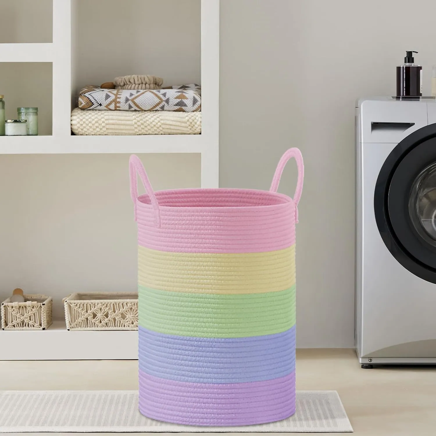 VIPOSCO Large Laundry Hamper, Tall Woven Rope Storage Basket for Blanket, Toys, Dirty Clothes in Living Room, Bathroom, Bedroom - 100L Rainbow