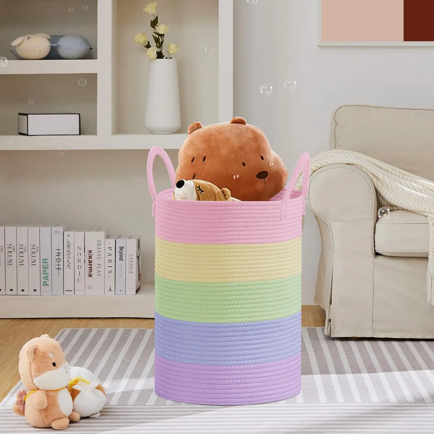 VIPOSCO Large Laundry Hamper, Tall Woven Rope Storage Basket for Blanket, Toys, Dirty Clothes in Living Room, Bathroom, Bedroom - 100L Rainbow