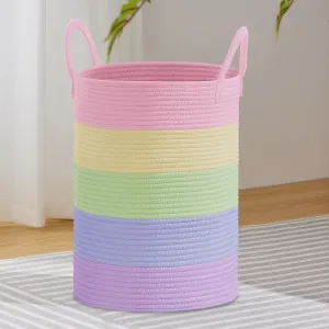 VIPOSCO Large Laundry Hamper, Tall Woven Rope Storage Basket for Blanket, Toys, Dirty Clothes in Living Room, Bathroom, Bedroom - 100L Rainbow