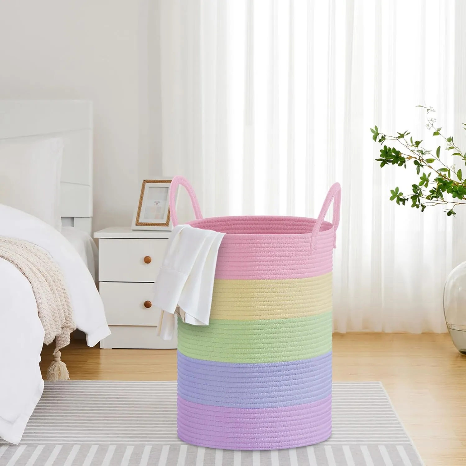 VIPOSCO Large Laundry Hamper, Tall Woven Rope Storage Basket for Blanket, Toys, Dirty Clothes in Living Room, Bathroom, Bedroom - 100L Rainbow