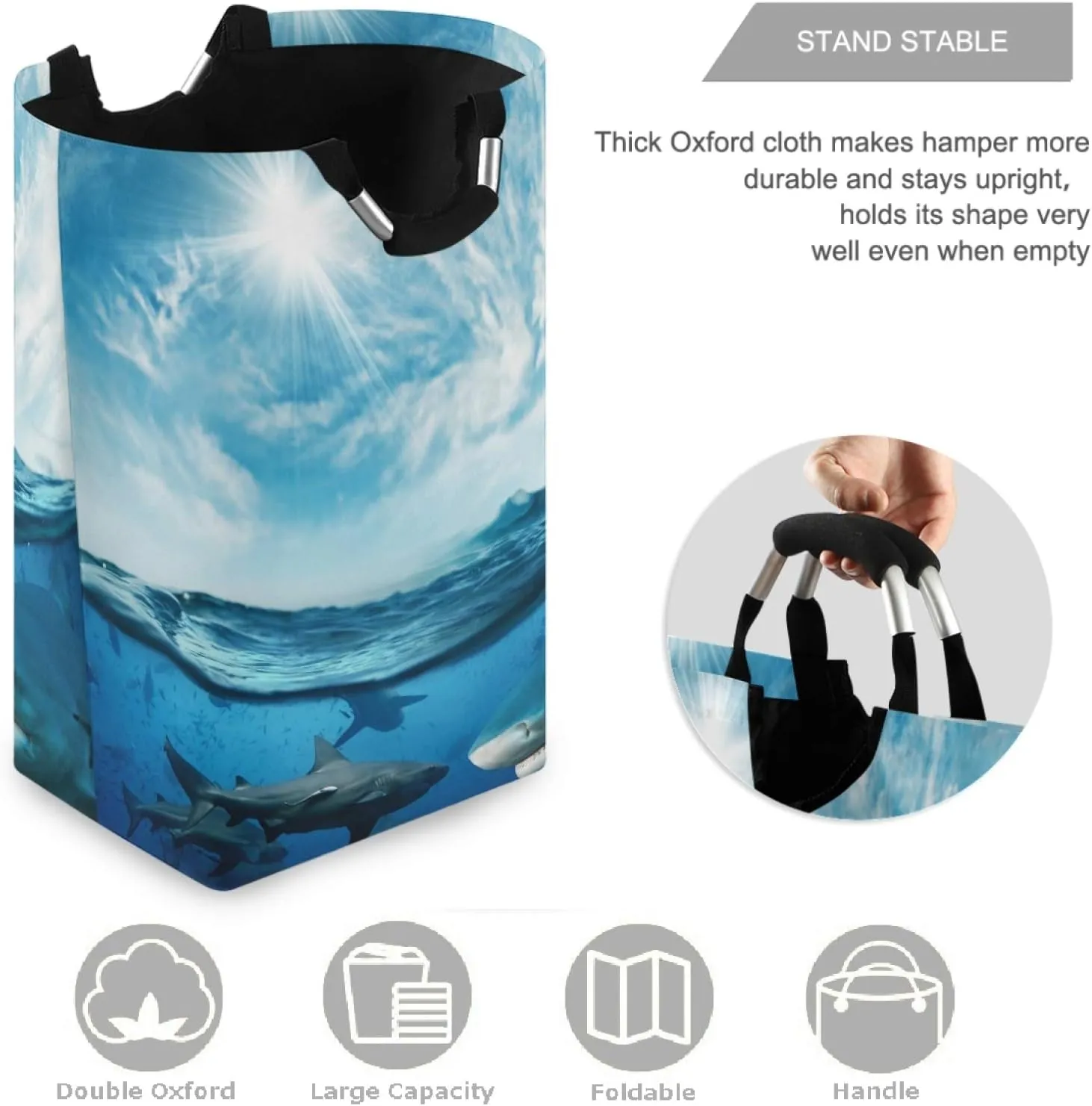 visesunny Sea Whale with Sunlight Large Laundry Hamper with Handle Foldable Durable Clothes Hamper Laundry Bag Toy Bin for Bathroom, Bedroom, Dorm, Travel